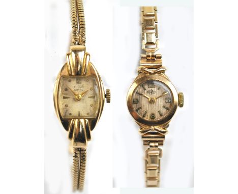 ROLEX TUDOR; a lady's 9ct yellow gold vintage Tudor wristwatch, with seventeen jewel movement, and a Derrick lady's 9ct gold 