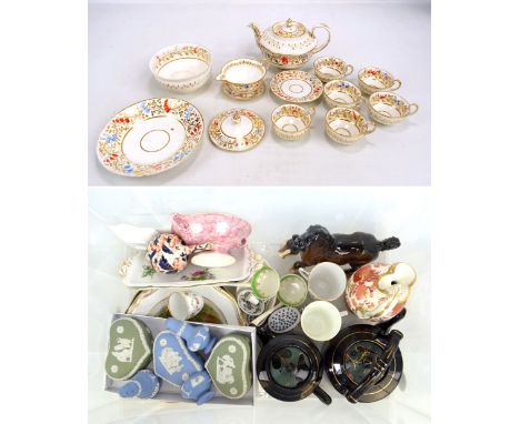 A group of ceramics including a 19th century part tea set, Wedgwood jasperware trinket boxes, a Dresden porcelain butterfly d