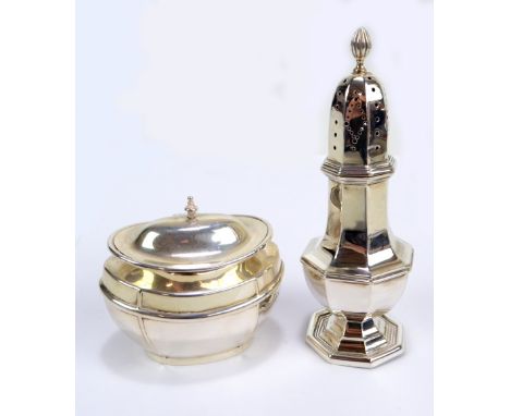 WILLIAM NEALE; an Edward VII hallmarked silver octagonal baluster sugar caster, Chester 1906, height 17.5cm, and an oval tea 