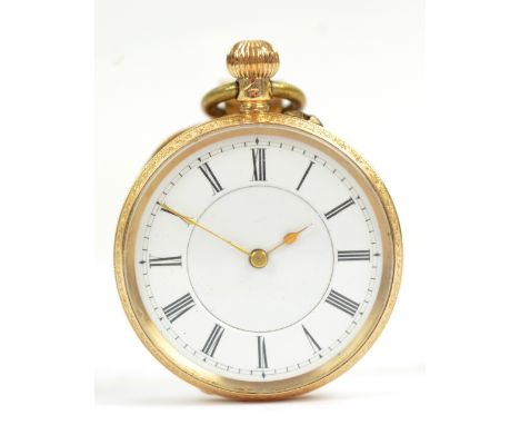 A 14ct yellow gold crown wind fob watch with white enamel dial set with Roman numerals, engraved rear case set with central v