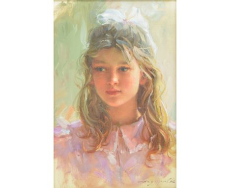 KONSTANTIN RAZUMOV (Russian, born 1974); oil on canvas, portrait of a blonde haired girl wearing ribbon and pink dress, signe