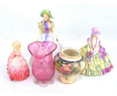 Three Royal Doulton figures; HN1470 'Chloe', HN1368 'Rose' (af) and 'Easter Day', also a Royal Worcester Hadley Ware vase (af