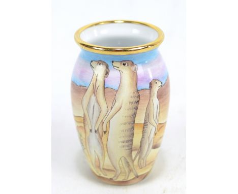 MOORCROFT; a miniature baluster vase with painted enamel meerkat decoration and gilt rim, printed mark to base, height 6.1cm,
