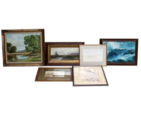 A group of pictures including two oils on board by Ken Norton, watercolour by G. D. Hyslop, portrait study by Allan Cownie an