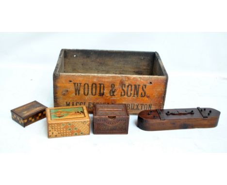 A Wood & Sons of Macclesfield and Buxton vintage crate, a Japanese boat shaped puzzle box and three further boxes (5). CONDIT