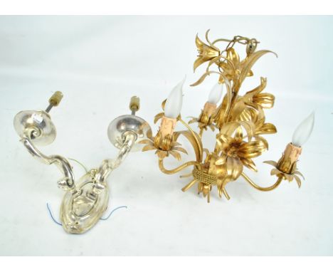 A Christopher Wray gilt floral decorated three branch chandelier, height 40cm, and a modern plated brass twin branch wall lig