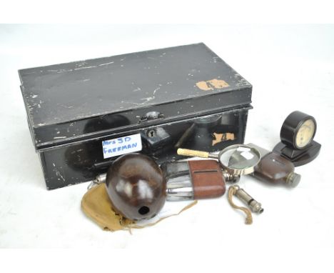 A small mixed lot of collectors' items including a tin deed box, two hip flasks, two whistles and a bakelite Rototherm thermo