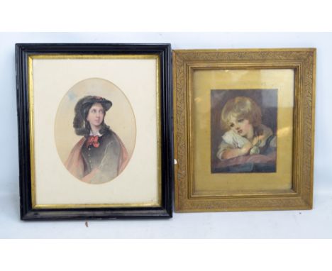 A Victorian watercolour portrait of a young woman, unsigned, 25 x 19cm, framed and glazed, with a late Victorian oil on board