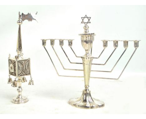 ROSENZWEIG, TAITELBAUM & CO; a George V hallmarked silver Judaica spice tower of square section with filigree sides and four 
