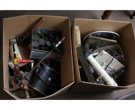 A cased pair of Janik 7x50 binoculars and a quantity of vintage hand tools.