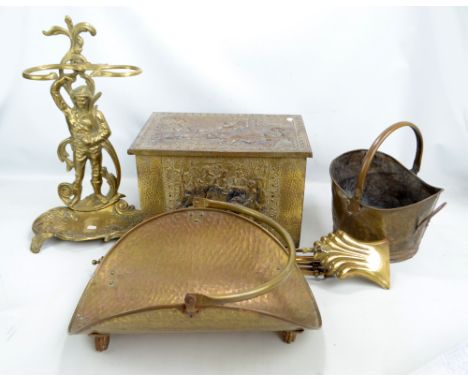 A quantity of metalware including a brass stick stand, log bin, coal scuttle, fire irons and a log basket.