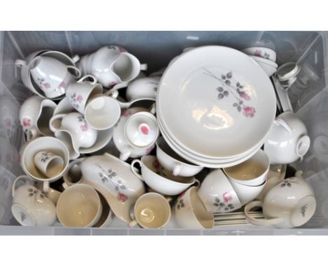A Royal Doulton 'Pillar Rose' part dinner and tea service including fourteen plates, twelve dessert bowls, three lidded turee