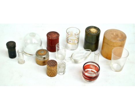 A group of medicine glasses and measures with cased examples including Mawson & Thompson, vinaigrette with stopper, a scoop, 