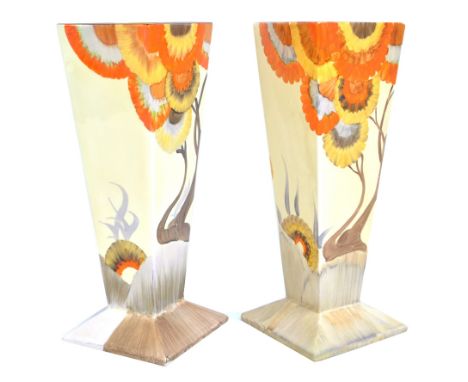 CLARICE CLIFF; a pair of Bizarre 'Rhodanthe' pattern square sectioned tapering vases, both with printed marks to base, height