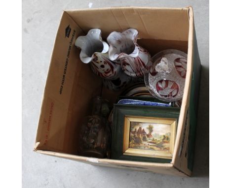 A mixed lot of ceramics including two tiles painted with still lives of fruit signed Ross, two blue and white dishes and a Sy