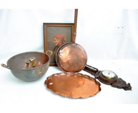 A small group of metalware including a copper warming pan and a pair of brass candlesticks, also an oil painting depicting an