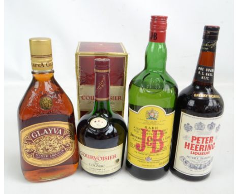 Courvoisier Luxe Cognac, 40% 680ml, Glayva Scotch liqueur, 35% 1 litre, J&B blended whisky, 43% 1.14 litres, and Peter Heerin