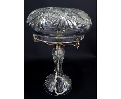 A good cut glass 'mushroom' table lamp with deep cut domed shade located with chrome pegs to the bracket, height 39cm. CONDIT