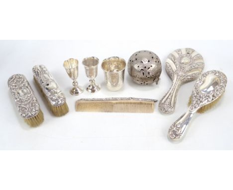 Five assorted variously hallmarked silver mounted dressing table items including an oval hand mirror, Birmingham 1905 (all af