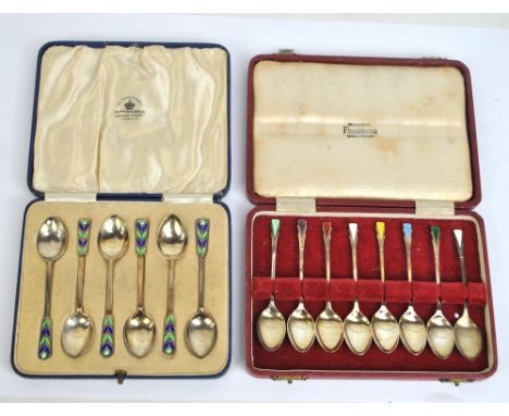 A cased set of eight hallmarked silver and enamel decorated coffee spoons, Birmingham 1951, and a cased set of six Edward VII