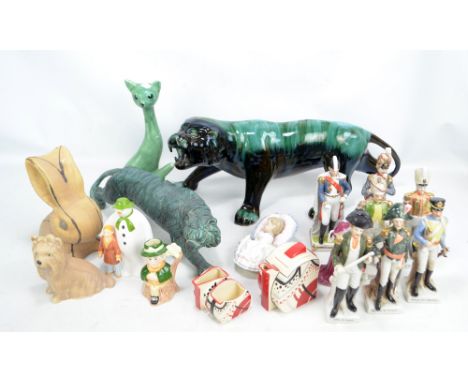 A group of decorative ceramics including a large Sylvac model of a green striped tiger, a Wedgwood Clarice Cliff style three 