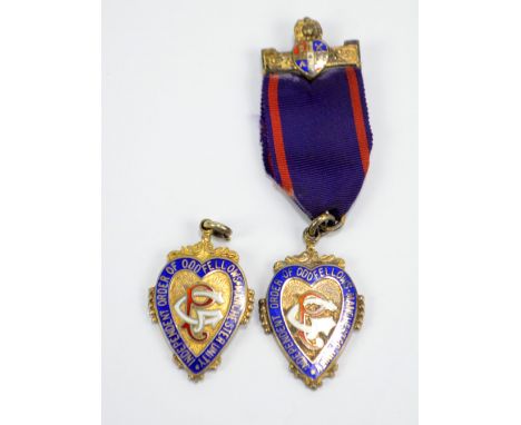 A pair of George VI hallmarked silver gilt and enamel Independent Order of Oddfellows pendant with dedicatory inscriptions to