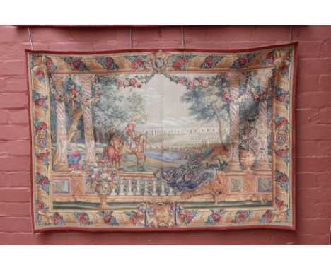 A decorative wall hanging tapestry depicting young courting couple on horseback in landscape, approx 137 x 97cm.