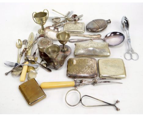 A small quantity of electroplated items including cigarette cases, a purse and an oval hip flask (cup missing).