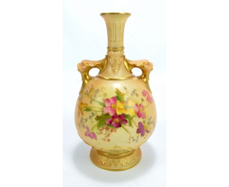 A Royal Worcester blush ivory porcelain vase of globular form with slender waisted neck and stylised mask twin handles, paint