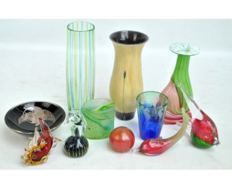 Eleven pieces of 20th century glass including a Caithness floral motif vase, height 22cm, Mtarfa angelfish and dolphin, Mdina