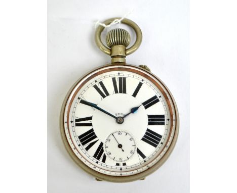 A circa 1900 silver plated crown wind Goliath open face pocket watch, the white enamel dial set with Roman numerals and subsi