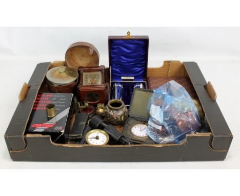 A mixed lot including a brass thread counter, a Victorian drum clock movement, a Japanese cloisonné enamel vase and a miniatu
