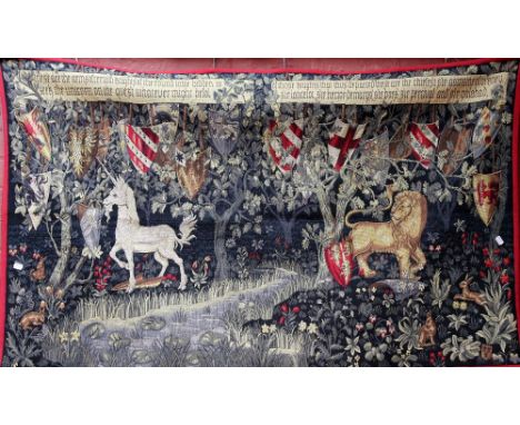 A decorative wall hanging tapestry inscribed 'Pointd' Halluin ... Waymel', approx 90 x 150cm. CONDITION REPORT: Shipping cost