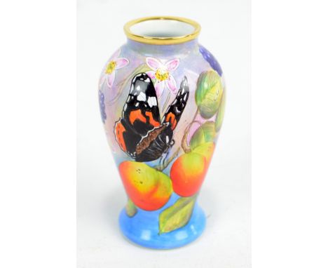 MOORCROFT; a miniature baluster vase with painted enamel flora and fauna decoration and gilt rim, printed mark to base, heigh