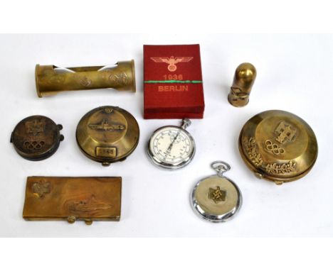 A group of vintage collectibles, all bearing spurious German Third Reich detail, including stopwatch, egg timer, compass, etc