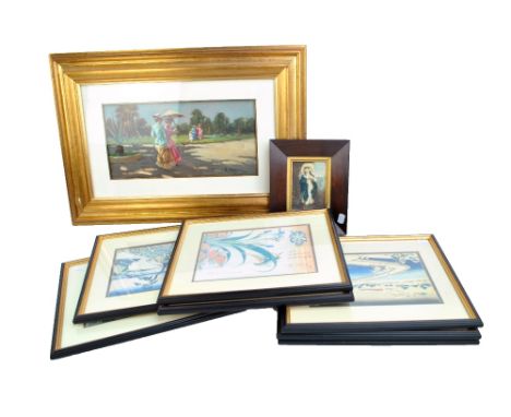 A set of six prints of Japanese landscapes, a 19th century chromolithograph in rosewood frame and an oil on cardboard by R. D