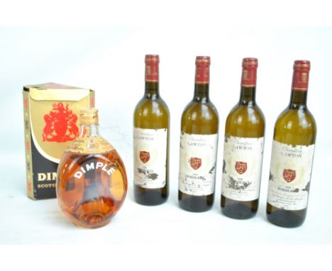 Four bottles of Chevalier Lawton 1998 Bordeaux white wine, 12%, 75cl, and a boxed Dimple blended Scotch whisky.  CONDITION RE