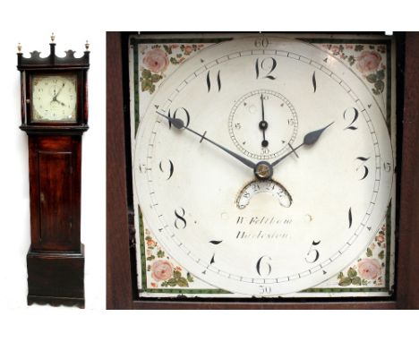 A late 18th century oak thirty hour longcase clock, with associated painted dial and movement above short door and plinth bas