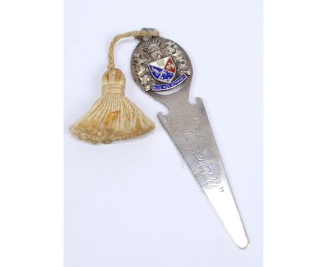 MAPPIN & WEBB; an Elizabeth II Coronation hallmarked silver bookmark with enamel detailed coat of arms finials and blade insc