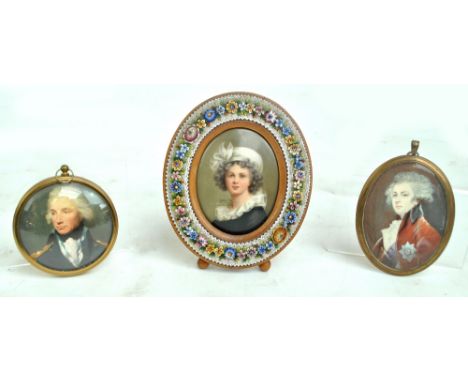 A 19th century porcelain miniature oval portrait depicting young lady, unsigned, 8.5 x 7cm, in floral micromosaic fronted fra