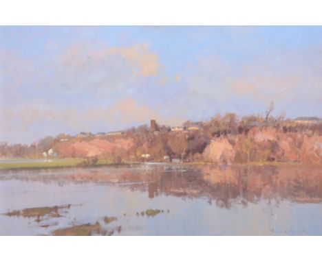 JAMES LONGUEVILLE RBSA PS (born 1942); oil on board, 'Winter Light, Floods at Farndon, Cheshire', signed recto and inscribed 