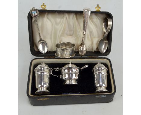 VINER'S LTD; a George VI hallmarked silver three piece cruet set, Sheffield 1938, a napkin ring, a baby spoon and an enamel d