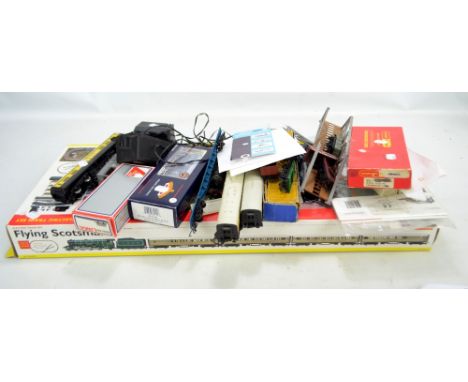 HORNBY; an electric Flying Scotsman boxed train set and various associated parts including a boxed Bachmann branch line diese