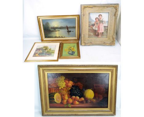 Four oil paintings including a portrait of two sisters in a coastal landscape, unsigned, 40 x 29cm, framed, and a watercolour