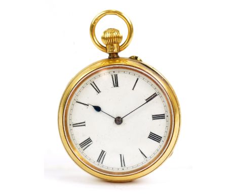 A late Victorian 18ct gold crown wind pocket watch, the white enamel dial set with Roman numerals and with engraved initials 