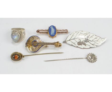 Six items of jewellery comprising 9ct yellow gold mounted Wedgwood jasperware brooch, white metal filigree work and enamel lu