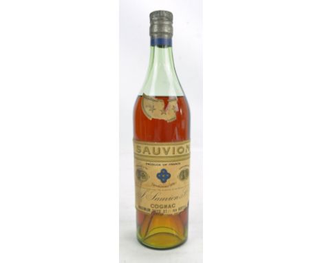 A vintage bottle of Sauvion Cognac, with majority of label present.