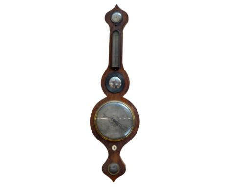 A 19th century mahogany five dial wheel barometer/thermometer, length 94cm.