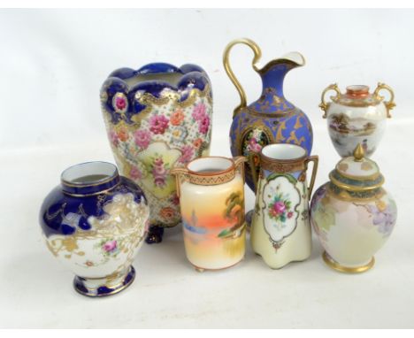 A matt blue gilt heightened and floral enamel painted Noritake ewer, a relief moulded 'jewelled' vase, ovoid example, jar wit