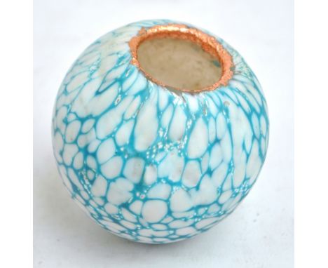 PAUL BARCROFT; a small globular white and blue leopard spot motif glass vessel with metallic detail to rim and silver coloure